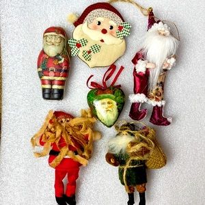 Vintage lot of 6 Santa Ornaments mixed material tin can cloth paper machete